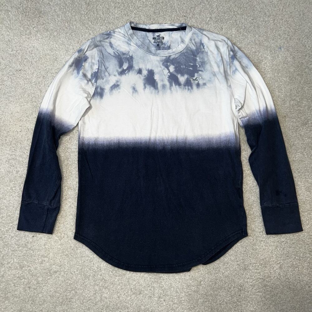 Hollister Curved Hem Shirt Womens XS Blue White Tie Dye Long Sleeve Crewneck